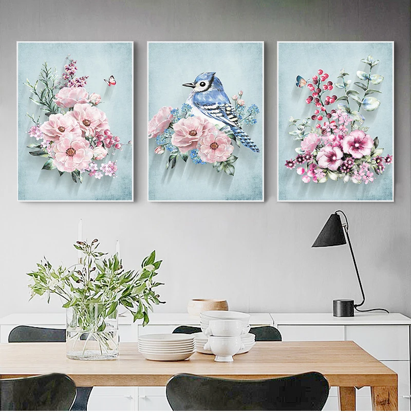 Stile Americano Fiori Rosa Decorazione Moderna Uccelli Blu Immagini Di Arte Della Parete Stampa Su Tela Pittura Per Soggiorno Decorazioni Per La Casa 