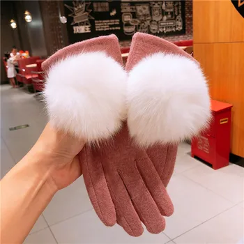New Women Winter Fox Fur Ball Accessories Keep Warm Touch Screen Thicken Plus Cashmere Luxury Style Cycling Elegant Gloves 6