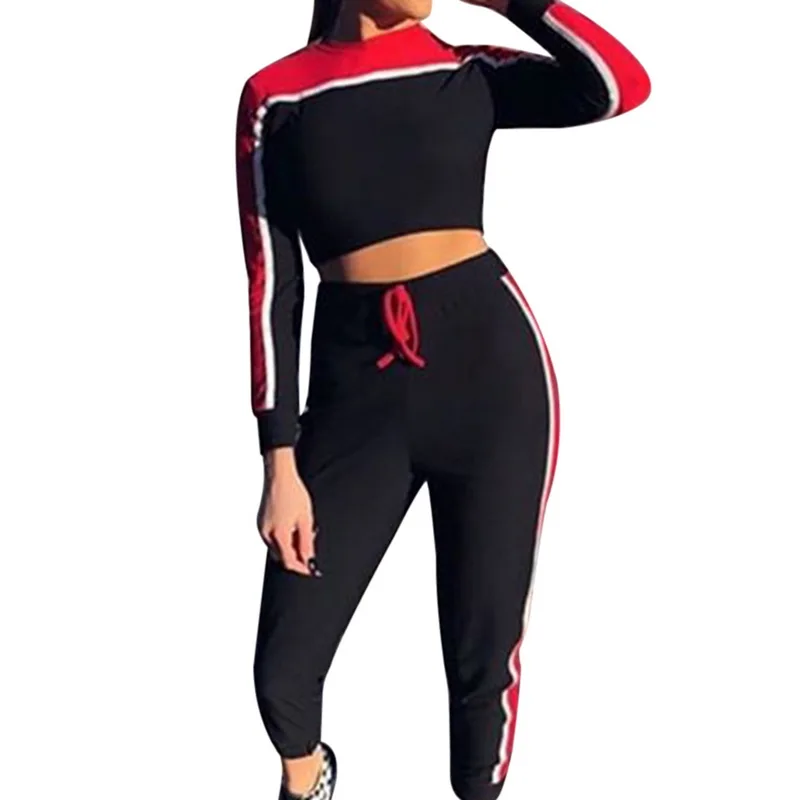 01-Red Женские спортивные костюмы для бега с круглым вырезом и строчкой контрастного цвета, спортивный костюм с длинными рукавами, повседневная спортивная одежда для женщин, комплекты для бега - Цвет: 01-Red