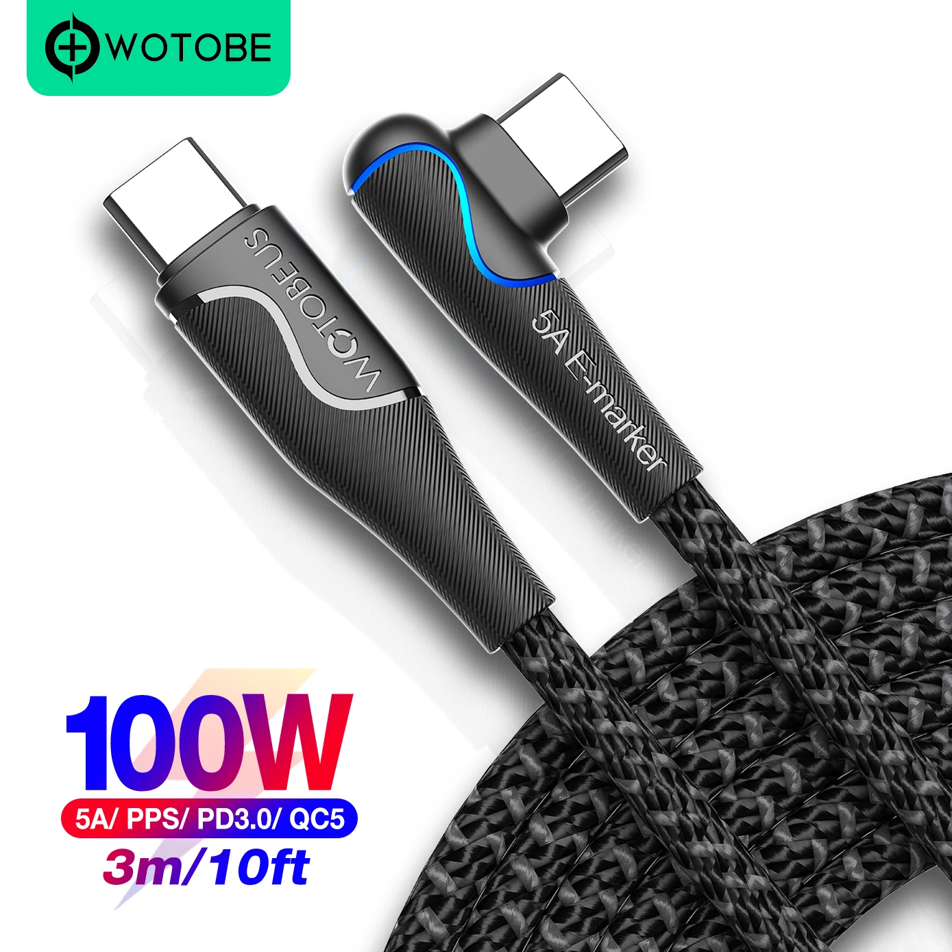 WOTOBE 100W USB C to Cable 3m/10ft 5A E-Marker LED 90° elbow Type-C PD Fast Charger for Mobile Phone Android | Мобильные телефоны