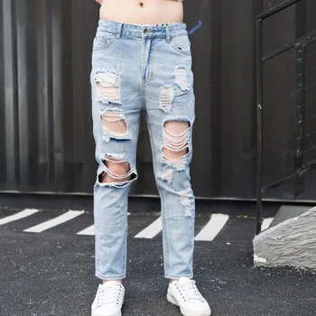 

New hole nine points jeans men's big hole trousers spring and autumn country tide brand loose 9 points pants punk fashion