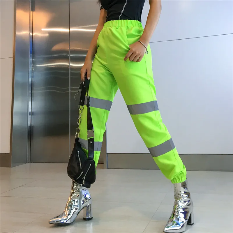 chino pants Women Streetwear Reflective Patchwork Fluorescent green  pants Nightclub fashion High Waist Harajuku Jogger Trousers Sweatpants women's clothing