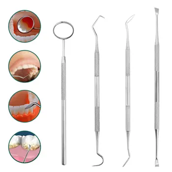 

4pcs 1 Set Stainless Steel Teeth Cleaning Kit Oral Mirror Probe Silver