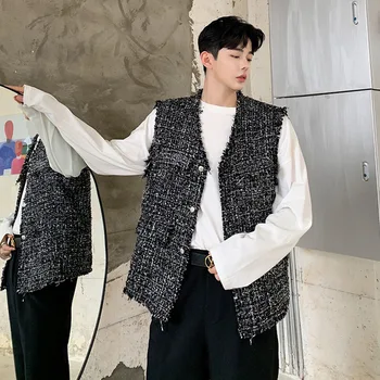 

Men Autumn Sleeveless Plaid Vest Jacket Male Women Streetwear Vintage Fashion Casual Waistcoat Outerwear Vests Coat