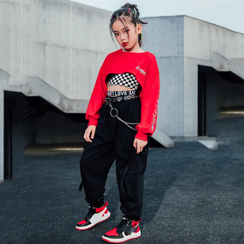 2021 nuove ragazze costumi di danza Hip Hop per bambini Top rosso pantaloni  larghi neri Hiphop Jazz Performance Dance Wear abiti da Festival| | -  AliExpress