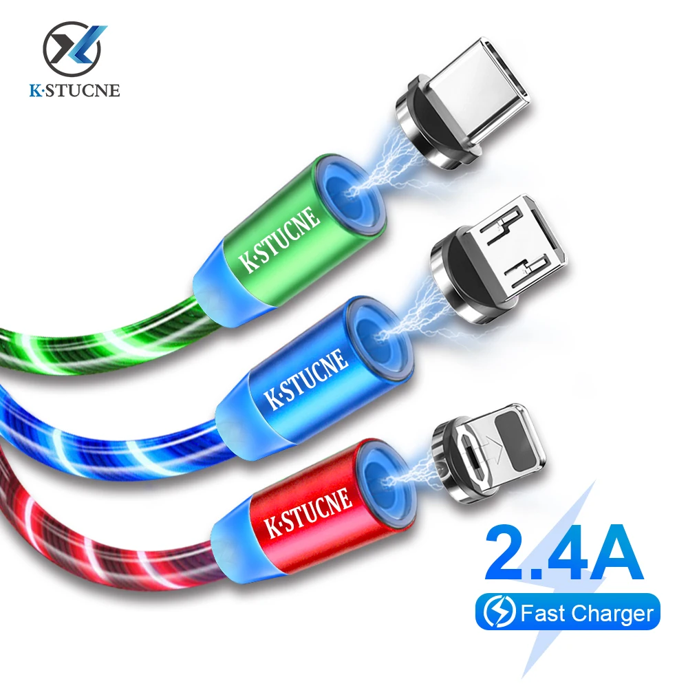 

1m 2m Magnetic Flowing Light LED Cable Micro USB Type C Fast Charging Wire Cord For Huawei Samsung Android Mobile Phone Charger