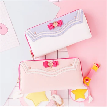 

Sailor Moon Designer PU Leather Long Wallet Lady Zipper Purse Lovely Handbag day Clutch with pearl bow