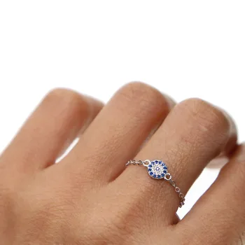 

925 sterling silver white blue cubic zirconia CZ delicate chain simple minimalist turkish evil eye chain silver ring 925