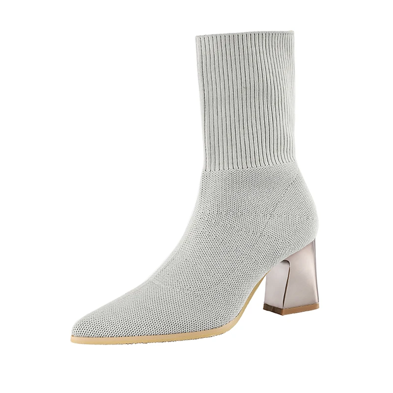Осенние модные женские эластичные сапоги из бежевой пряжи; ботильоны из эластичной ткани; зимние носки средней высоты на массивном каблуке; обувь больших размеров - Цвет: Серый