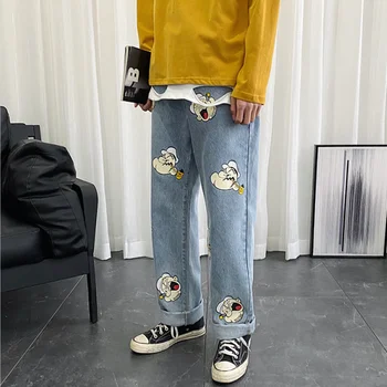 

Cartoon Popeye Print Wide Leg Jean Women High Waist Harem Pants Female Loose Casual Plus Size Denim Trousers Harajuku Streetwear