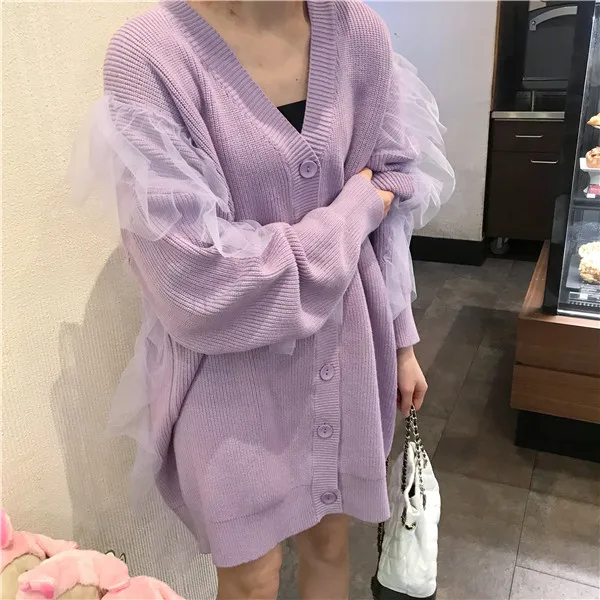 WHITNEY WANG осень зима мода уличная сетка оборки лоскутное кардиган женский джемпер pull femme кардиганы