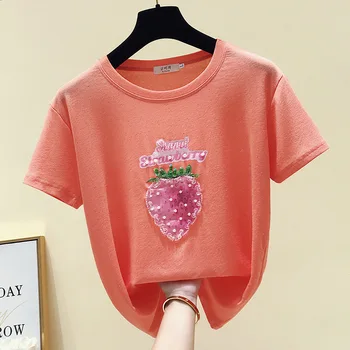 

Xia Caomei Heavy Nail Bead Half Sleeve Jacket Short Sleeve T Shirt Woman Tshirt Summer Top Tops Tunic Women Shirts