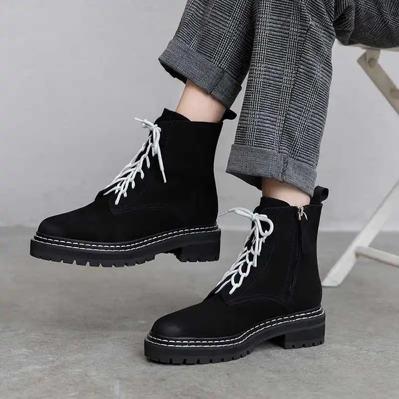 black cow suede krazing pot hot preppy style breathable cow suede leather round toe med heels winter women lace up fashion solid ankle boots L18 - Цвет: black cow suede