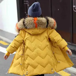 Детская зимняя куртка для девочек, длинное пуховое пальто, утепленная парка с мехом для девочек-подростков, зимняя одежда для детей 4, 5, 6, 7, 8