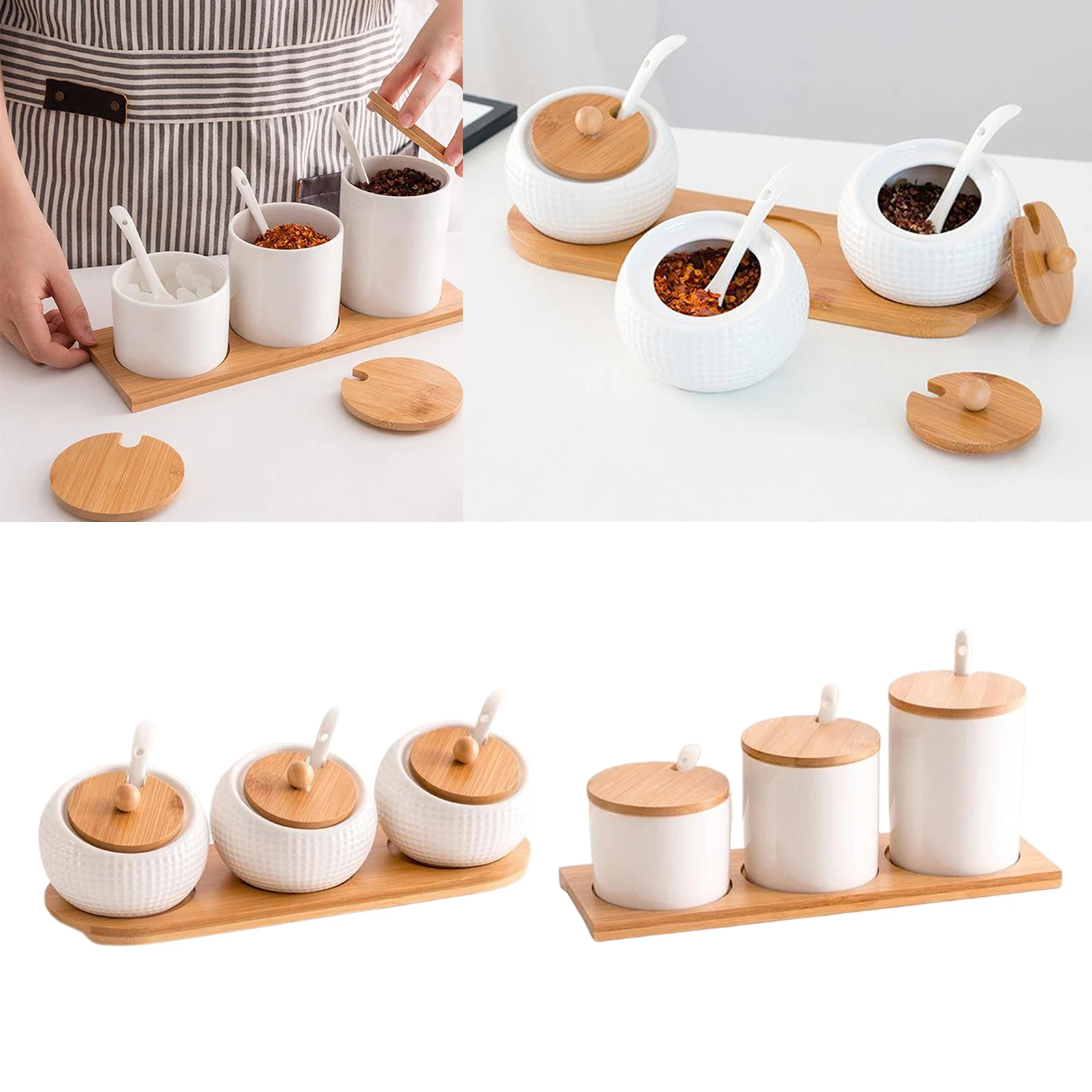Condiment Pots Sugar Jar Bowls with Spoon and Bamboo Lid Ceramic Seasoning Box | Дом и сад