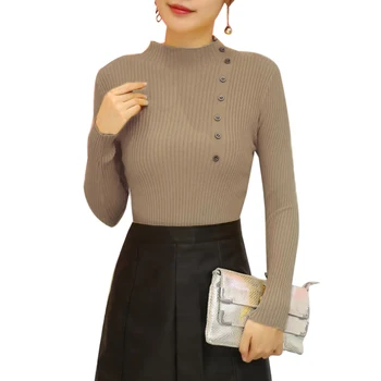 

Fashion Button Turtleneck Sweater Women Autumn Solid Knitted Pullover Women Slim Soft Jumper Sweater Female Knit Tops