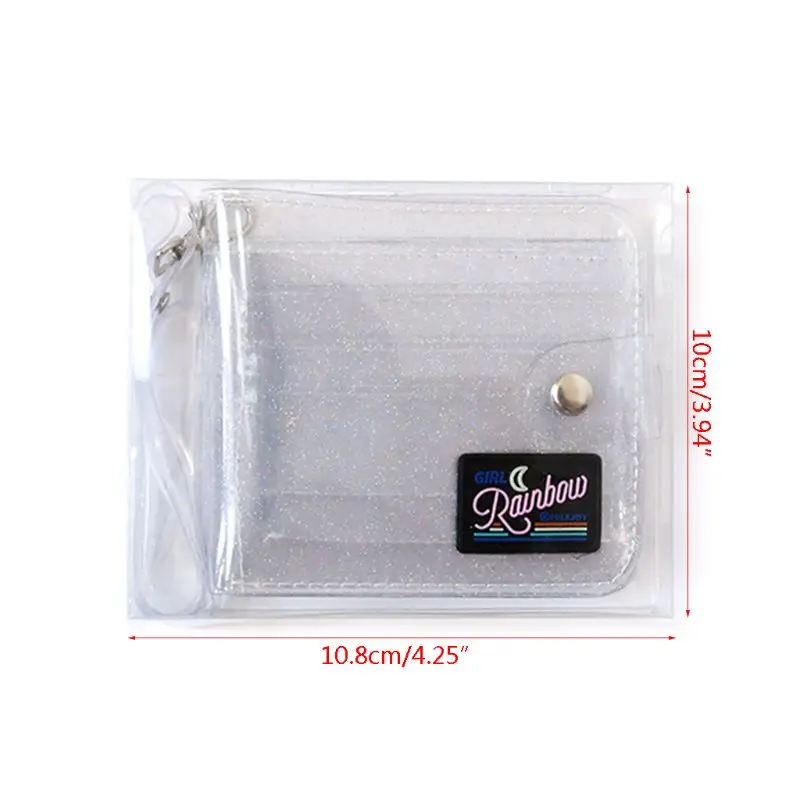 Transparent ID Card Holder PVC Folding Short Wallet Fashion Women Girl Glitter Business Cards Case Purse with Lanyard