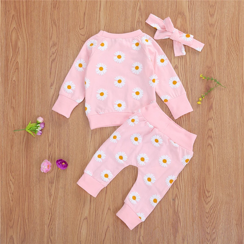 Spring New Fall Autumn Infant Baby Girls 3Pcs Set Long Sleeve Lovely Print Top Pants Headband Toddler Outfits Clothes