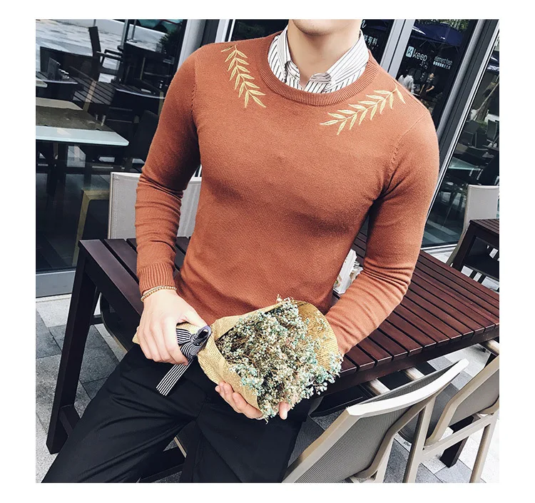 Embroidery Male Sweaters For Men Camisolas Homens Black White Grey Brown Stylish Slim Fit Elegant Sweater Hombre Kazak Erkek