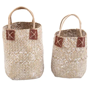 

2Pcs Natural Seagrass Woven Flower Basket Pot Vase Laundry Baskets Home Storage Baskets Organizer with Handle Decoration