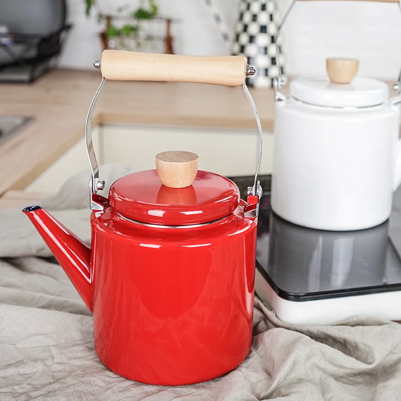 2Л белый и красный эмаль Чайник Открытый чайник утолщение Высокая прямая