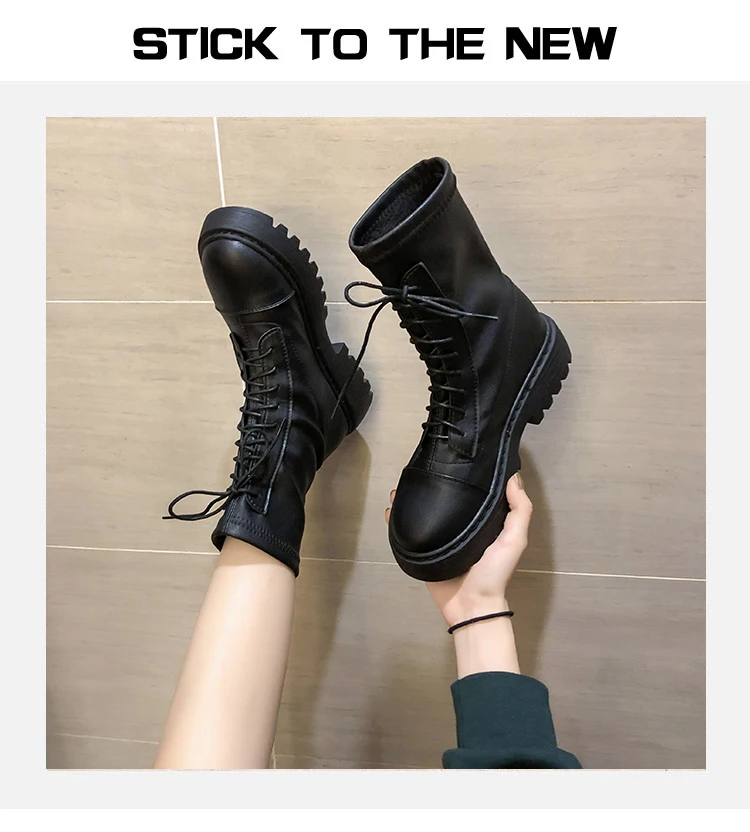 Новые армейские ботинки; женские зимние ботинки martin на платформе со шнуровкой в готическом стиле; Цвет Черный; кожаные ботильоны; женская обувь; botas Mujer