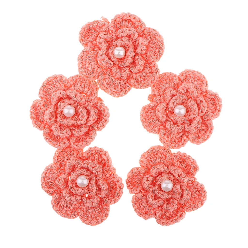 5 Pcs Yarn Crochet Flower Handmade Appliques Embellishment DIY Sewing Scrapbooking Craft Pearl Knitted Crochet Flowers Accessory