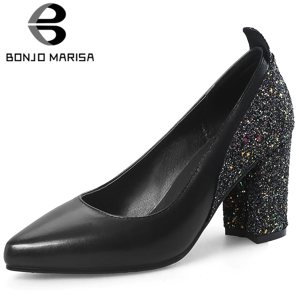 

BONJOMARISA Fashion Female Spring Pumps Pointed Toe Bling Square Heels Pumps Women 2020 Slip On Wedding Bridal Shoes Woman