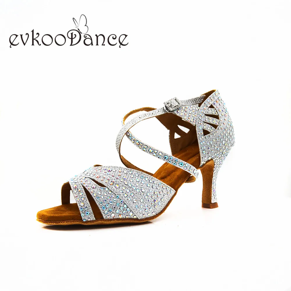 Evkoodance Zapatos De Baile Silver Glitter Dance Shoes With Rhinestone Women 7cm Heel Height