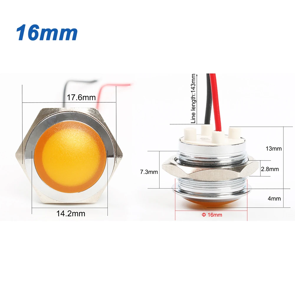 6 мм 8 мм 10 мм 12 мм 16 мм металлический светодиодный Предупреждение индикатор светильник Водонепроницаемый IP67 сигнальная лампа пилот провода переключателя 3V 5V 12V 220V красные, синие
