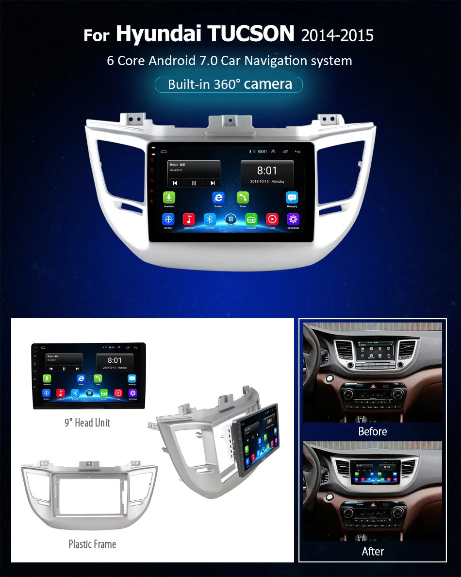 Для hyundai Tucson 3 IX35 Android 7,0 6core 360 панорамный бесшовный 4-канальный видеорегистратор AHD камера автомобильное радио gps с DSP