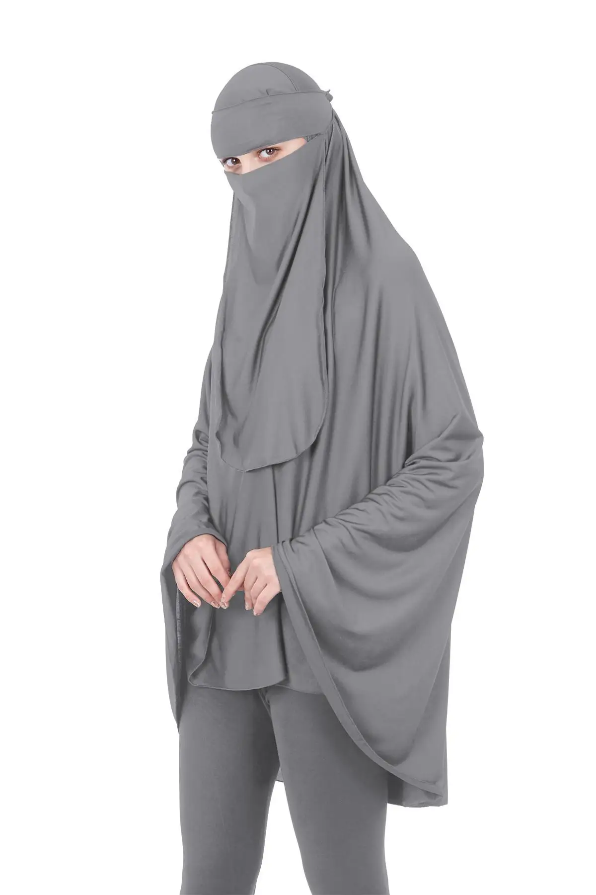 Серый Niqab длинный химар хиджаб платок-накидка мусульманская Амира абайя для молитв исламские накладные арабские 2 шт. молитвенная одежда+ вуаль поклонение обслуживание - Цвет: Серый