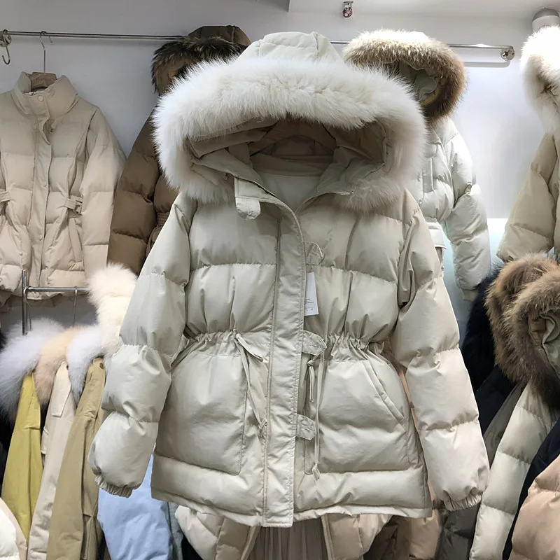 Новое осенне-зимнее однобортное Женское пальто с хлопковой подкладкой и большим карманом, приталенная куртка с капюшоном и меховым воротником для студентов