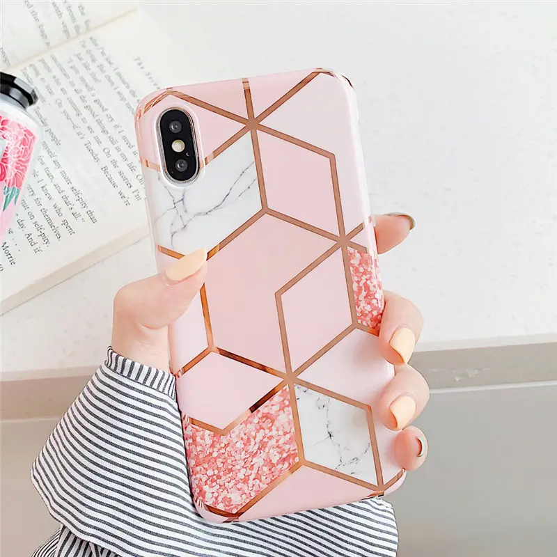 Ottwn геометрический мраморный текстурный чехол для телефона iPhone X XR XS Max 6 6s 7 8 Plus Мягкий IMD гальванический задний чехол силиконовый чехол - Цвет: LW0039