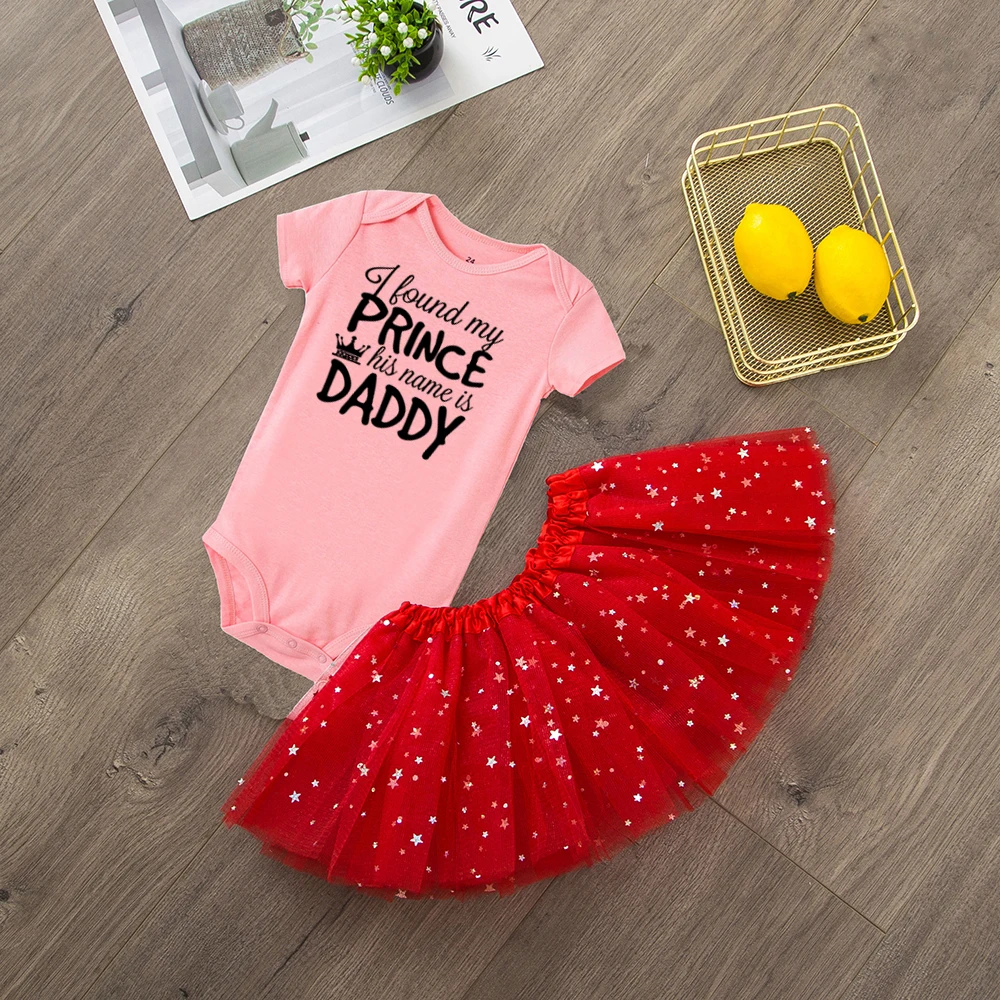 Комплекты одежды для новорожденных девочек с надписью «I Found My Prince His Name Is Daddy» Забавный хлопковый комбинезон для малышей, юбка-пачка комплект с короткими рукавами - Цвет: R063-SQPPKXRD-