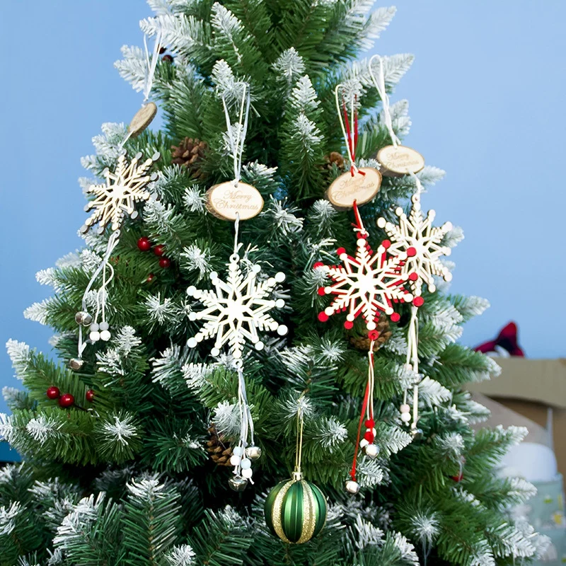 

Christmas Decorations Wood Carving Snowflake Ornament With Christmas Bell Pendant Festive Party Supplies