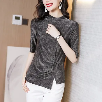 

COIGARSAM Brief Half Sleeve blouse women Spring Lurex Turtleneck blusas womens tops and blouses Color Gold 2261