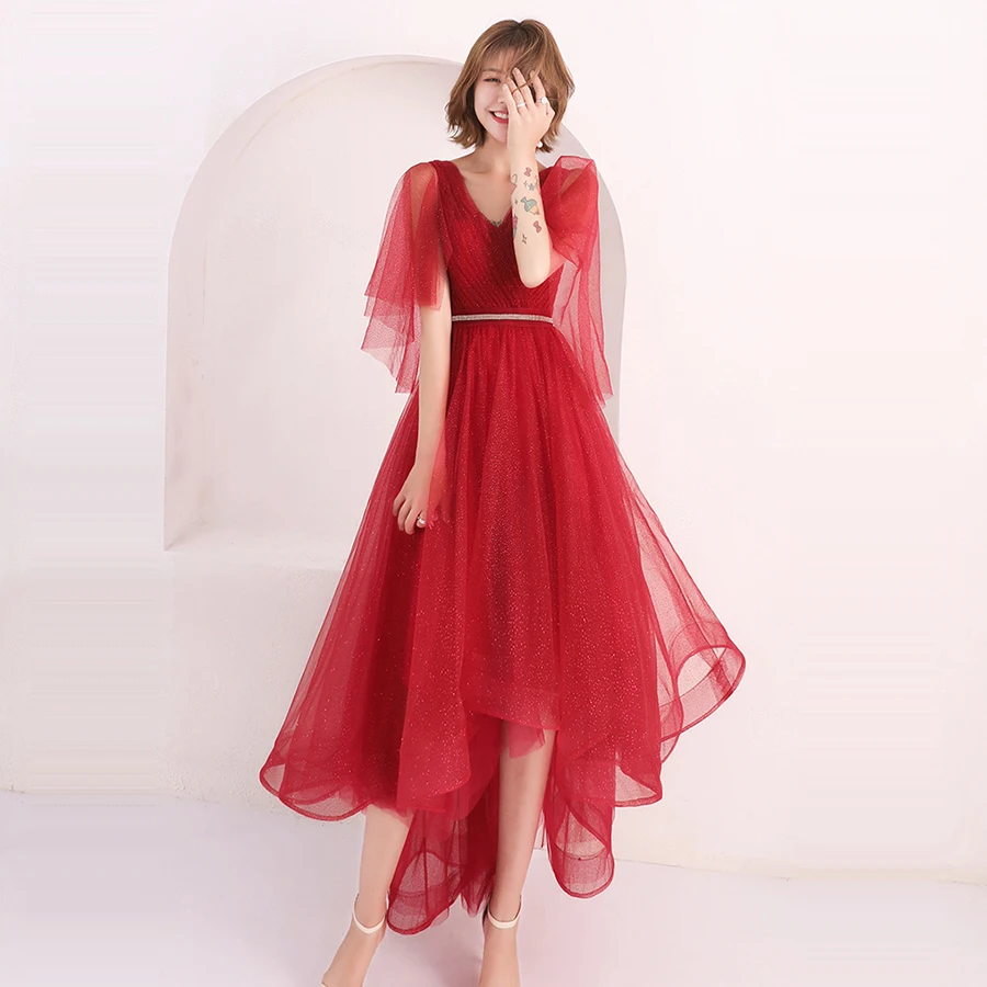 

Prom Gown 2019 New Chiffon Tiered Robe De Soiree V-neck Short Sleeve Prom Elegant Dresses Red Lace Up Shining Prom Dress E133