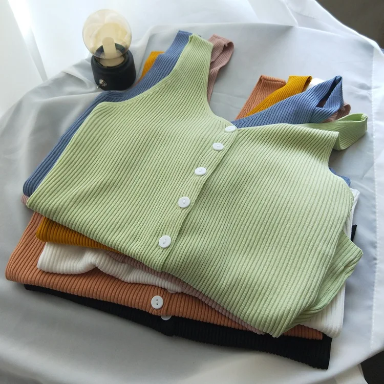 

MosiMolly 2020 Summer Knit Vest Summer Vest Top button tops women Basic All Match Vest Women Underwear Homewear