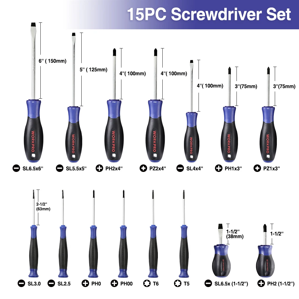 WORKPRO 16PC 자기 스크루 드라이버 세트 Phillips Slotted Pozi 및 Pricision Screwdriver Set For Fix Repair DIY With Durable Case