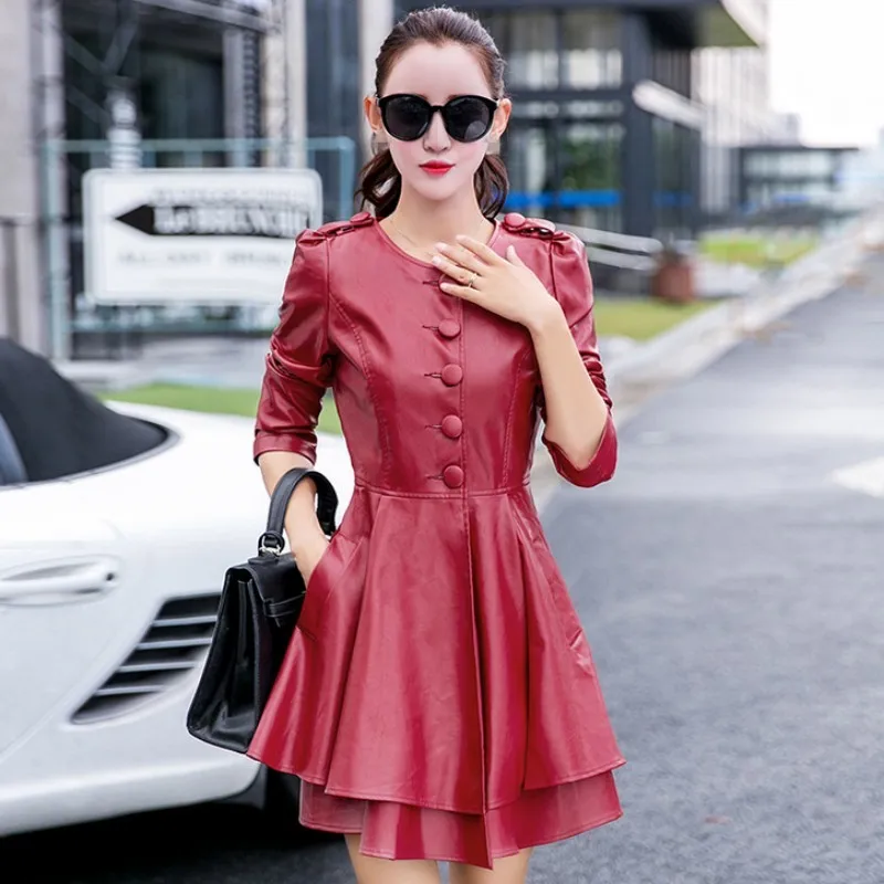 

Italy Design Ruffles Ladies Faux Leather Jacket Single Breasted Long Women Jacket Big Size XL-6XL Slim Fit Female Outerwear Coat