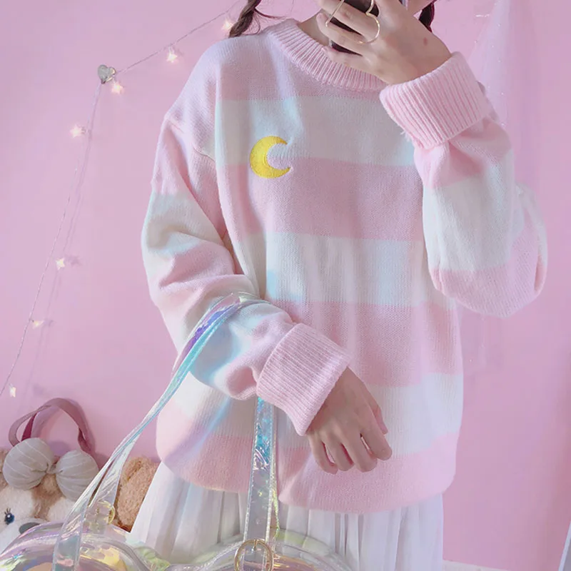 Японский милый вязаный свитер для девочек для женщин Kawaii Moon вышивка в полоску фиолетовый вязаный пуловер зимний консервативный стиль джемпер Топы