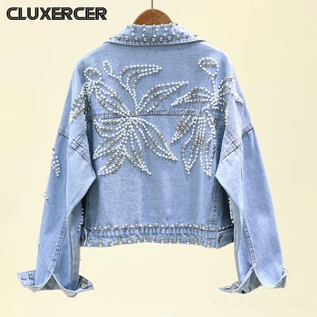 

2020 Spring Autumn Streetwear Beading Denim Jacket Women Solid Short Jeans Coat Female Casual Loose Outwear Tops