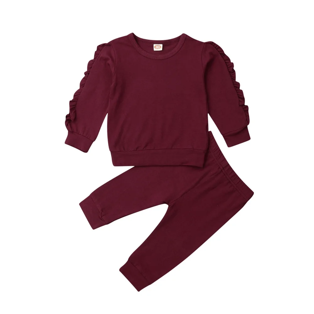 Комплект для новорожденных мальчиков и девочек; свитер с оборками и украшением+ штаны; однотонная Осенняя детская одежда с длинными рукавами для малышей