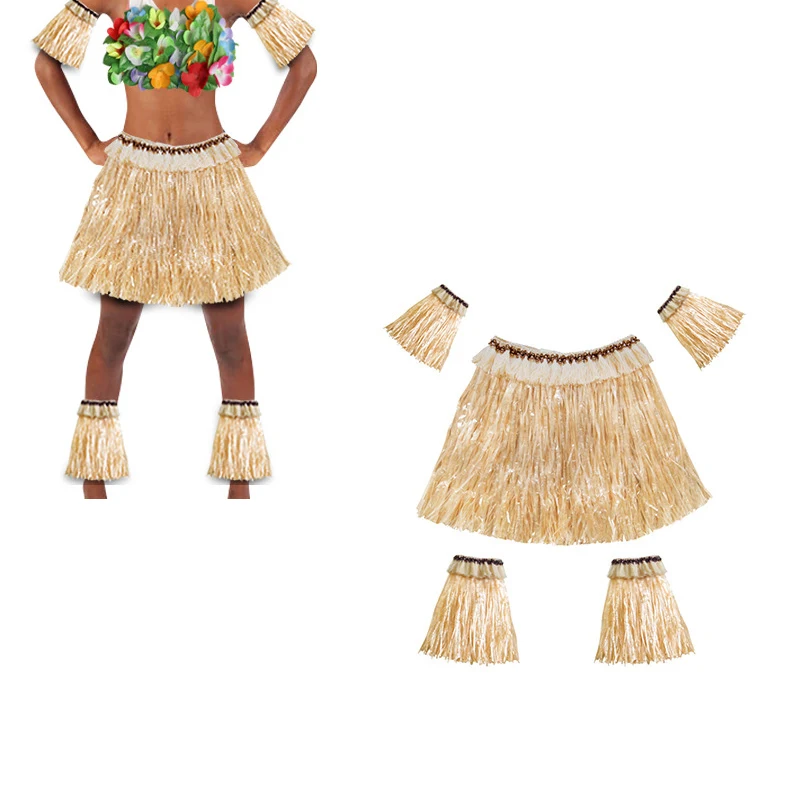 Hawaiian Grass Skirt Suit Elastic Arm Sleeve Feet Cover Grass Skirt Hula Dance Costume Beach Summer Holiday Wedding Party Favor