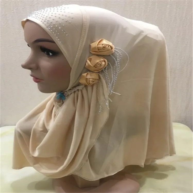 Arab crystal woman hijab floral muslim Amira stretchy scarf for lady ice silk wraps Wholesale - Цвет: Золотой