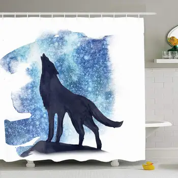 

Shower Curtain Set with Hooks Blue Aurora Silhouette Wolf On Northern Animals Wildlife Nature Watercolor Celebration Christmas