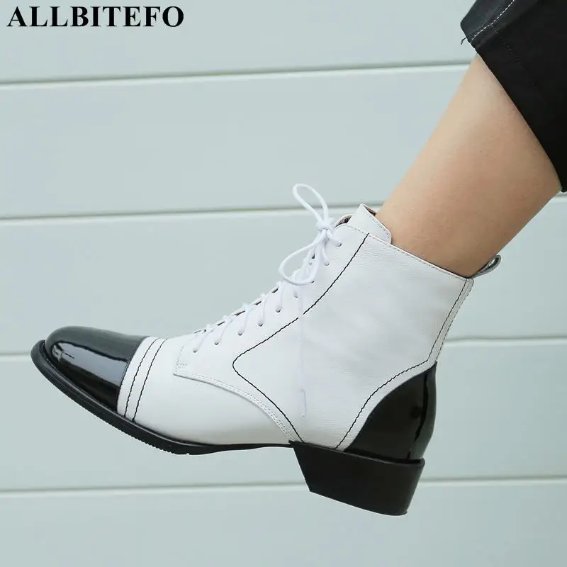 

ALLBITEFO real genuine leather women boots mixed colors Round toe ankle boots Frenulum Autumn Winter comfortable fashion boots
