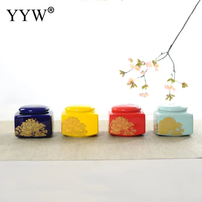 

Peony Tea Box Canister Tea Container Chinese Tea Tin Can Storage Tea Caddy Theedoos Color Ceramic Jar Tea Caddies Square Shape