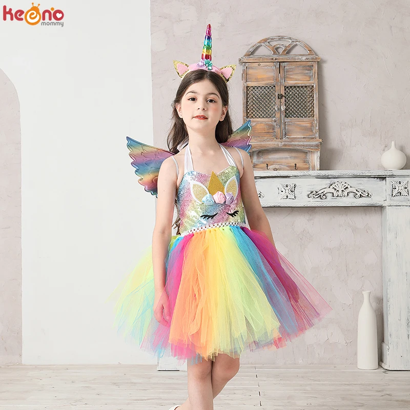 Unicorn Sequin Flower Girl Tutu Dress Kids Birthday Party Cosplay Fancy Costume 